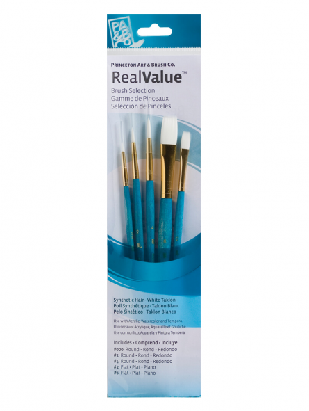 Pinceles Princeton RealValue Mango Corto Calipso Pelo Sintético Taklon Blanco Set 5